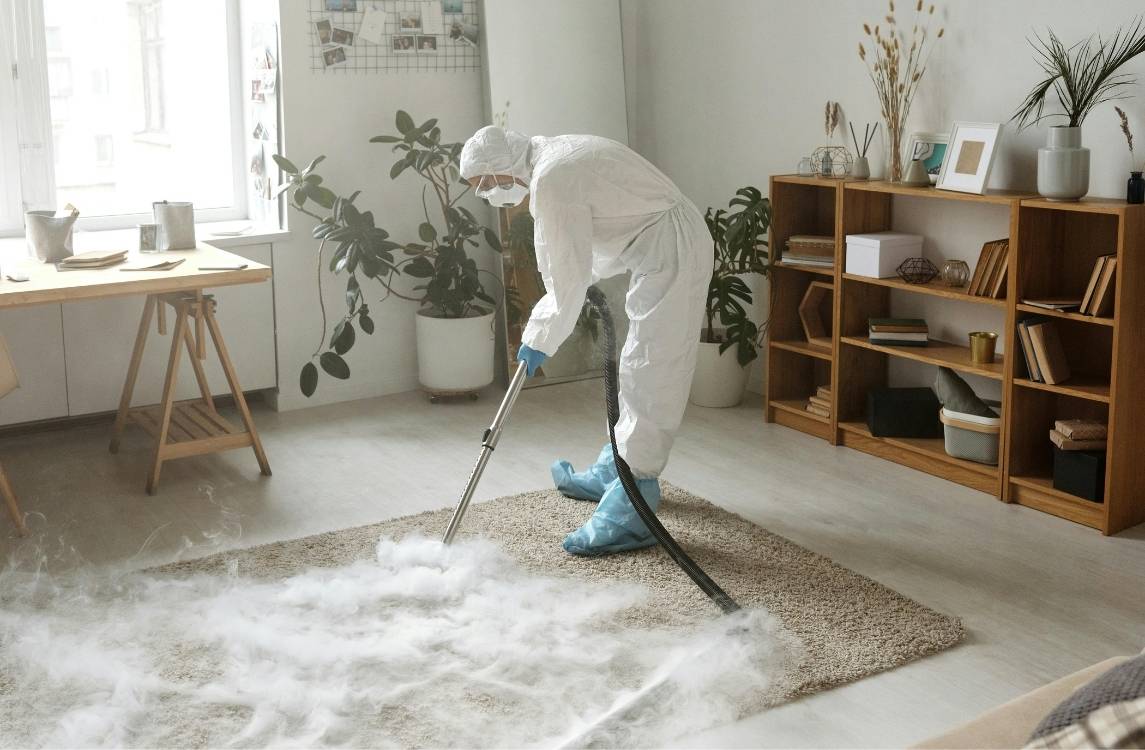 Persona con traje blanco y equipo de protección limpiando una habitación.