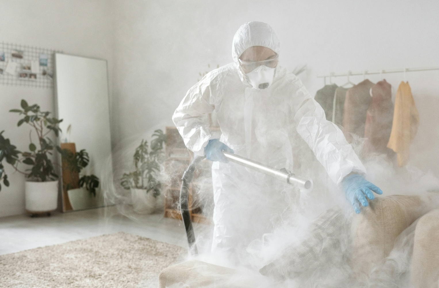 Persona con traje blanco y guantes rociando un sofá con vapor.
